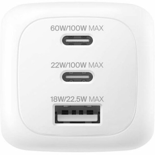 Belkin WCH016dqWH BoostCharge Pro 3-Port GaN Wall Charger - 100W - 2xUSB-C - 1xUSB-A - Foldable Prongs - White