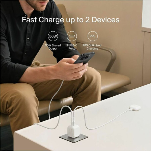 Belkin WCH019dq1MWH-B6 Dual USB-C GaN Wall Charger 50W - 5A Output - White