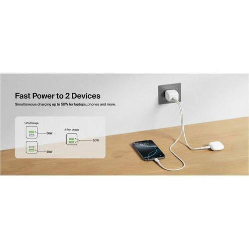 Belkin WCH019DQWH BoostCharge Pro Dual USB-C GaN Wall Charger - 50W - 2-Port - Foldable Prongs - White
