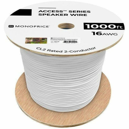 Monoprice Speaker Wire, CL2 Rated, 2-Conductor, 16AWG, 1000ft, White - 1000 ft (304.80 m) Audio Cable for Speaker - CL2 - 16 AWG - (16079)