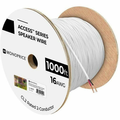 Monoprice Speaker Wire, CL2 Rated, 2-Conductor, 16AWG, 1000ft, White - 1000 ft (304.80 m) Audio Cable for Speaker - CL2 - 16 AWG - (16079)