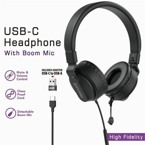 Maxell USB-C Headphone With Boom Microphone Stereo Wired USB Type C Over-the-head On-ear Binaural Supra-aural kHz Mic Hz To W/ 197304
