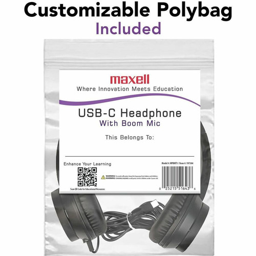 Maxell USB-C Headphone With Boom Microphone Stereo Wired USB Type C Over-the-head On-ear Binaural Supra-aural kHz Mic Hz To W/ 197304