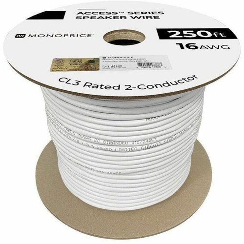 Monoprice Speaker Wire, CL3 Rated, 2-Conductor, 16AWG, 250ft, White - 250 ft (76.20 m) Audio Cable for Speaker - CL3 - 16 AWG - White (44336)