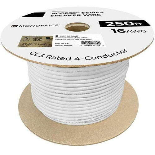 Monoprice Speaker Wire, CL3 Rated, 4-Conductor, 16AWG, 250ft, White - 250 ft (76.20 m) Audio Cable for Speaker - CL3 - 16 AWG - White (44337)