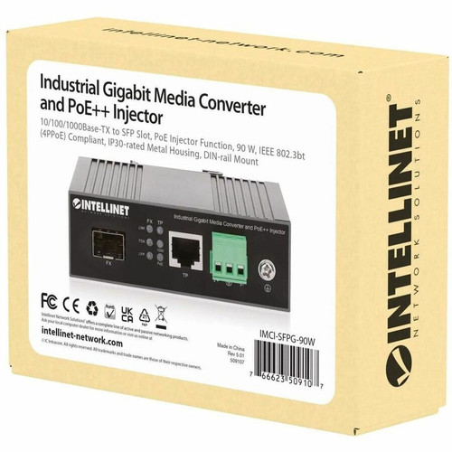 Intellinet 509107 Industrial Gigabit Media Converter & PoE++ Injector - 1 x RJ-45 - 1 x SFP - DIN Rail Mountable