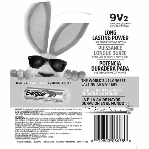Energizer 522BP-2 MAX 9V Alkaline Batteries - 2 Pack - 595 mAh - 9 V DC - 5 Year Shelf Life