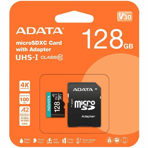 Adata Premier Pro 128 GB Class 10/UHS-I (U3) V30 microSDXC - 100 MB/s Read - 80 MB/s Write - Lifetime Warranty (Fleet Network)