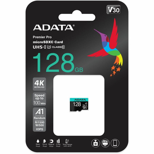 Adata Premier Pro 128 GB Class 10/UHS-I (U3) V30 microSDXC - 100 MB/s Read - 80 MB/s Write - Lifetime Warranty (AUSDX128GUI3V30SA2-RA1)