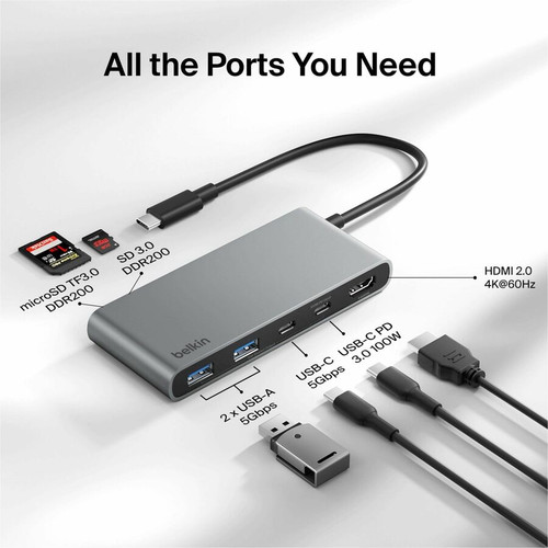 Belkin AVC023FQSGY 7-Port USB-C Hub - 2xUSB-A - 2xUSB-C - 4K HDMI - SD/microSD Reader - Gray - 100W PD