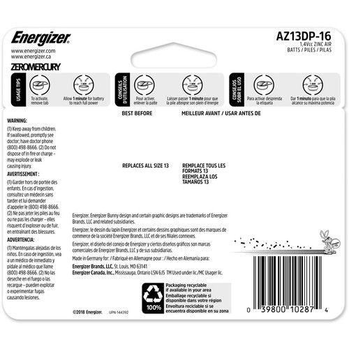 Energizer AZ13DP-16 EZ Turn & Lock Size 13 Zinc Air Hearing Aid Batteries - Orange - 16-Pack