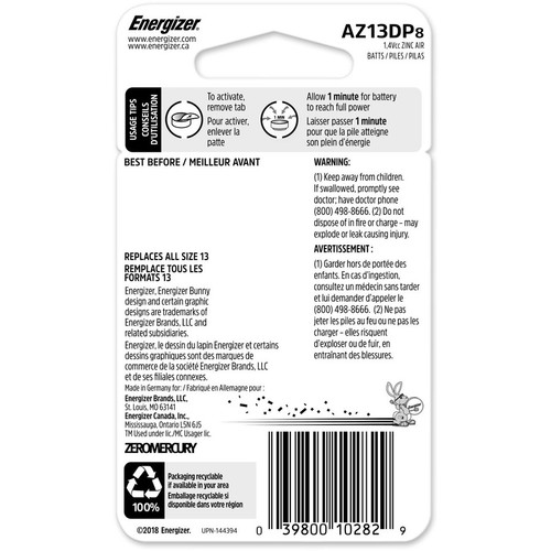 Energizer AZ13DP-8 Size 13 Zinc Air Hearing Aid Battery - 1. 4V DC - 8-Pack with EZ Turn & Lock