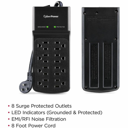 CyberPower B808 Essential Surge Protector - 8 Outlet - 2180 J Surge Suppression - 8 ft Cord - NEMA 5-15P - Black
