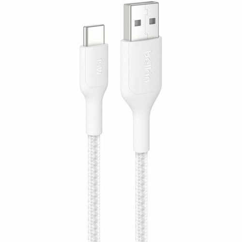 Belkin BoostCharge Pro Braided USB-A to USB-C Cable 15W, 6.6ft/2m, White - 6.6 ft (2 m) USB-C/USB-A Data Transfer Cable for iPhone, - (Fleet Network)