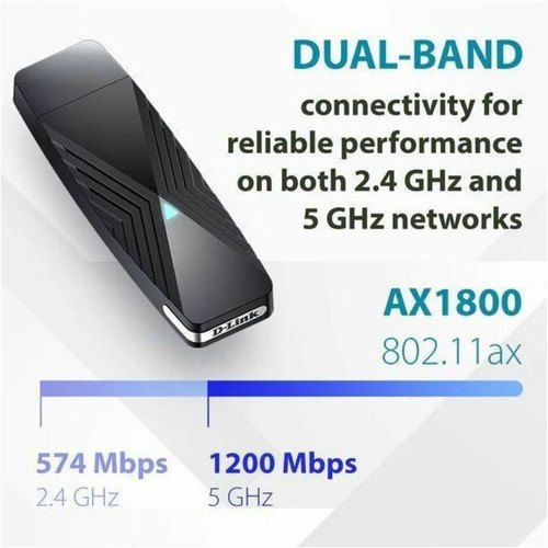 D-Link DWA-X1850-B1 IEEE 802.11a/n/ac/ax Dual Band Wi-Fi Adapter for Desktop Computer, Notebook - USB 3.2 Gen 1 - 1.17 Gbit/s - 2.40 - (DWA-X1850-B1-CA)