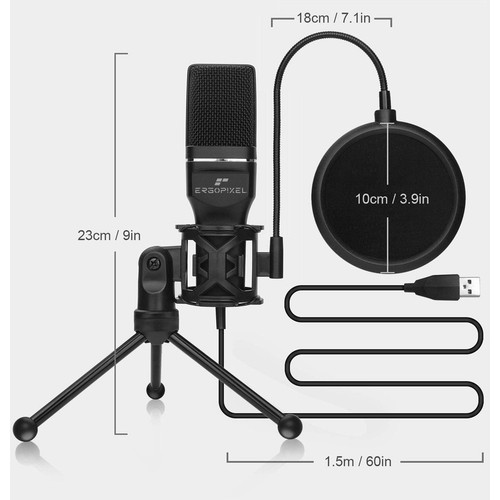 Ergopixel Wired Condenser Microphone - 4.6 ft - 20 Hz to 16 kHz - Shock Mount, Desktop, Stand Mountable - USB (EP-MP0002)