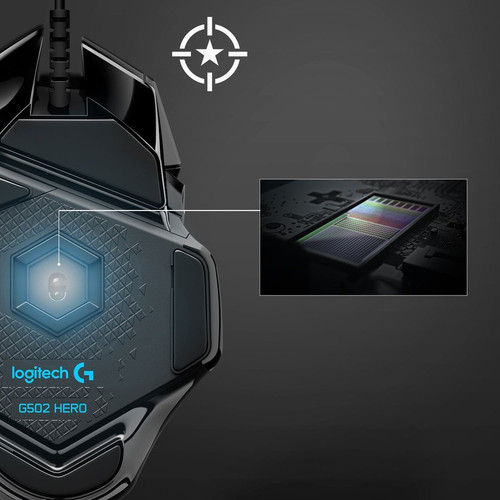 Logitech G502 HERO High Performance Gaming Mouse - Optical - Cable - Black - USB - 16000 dpi - 11 Button(s) (910-005469)