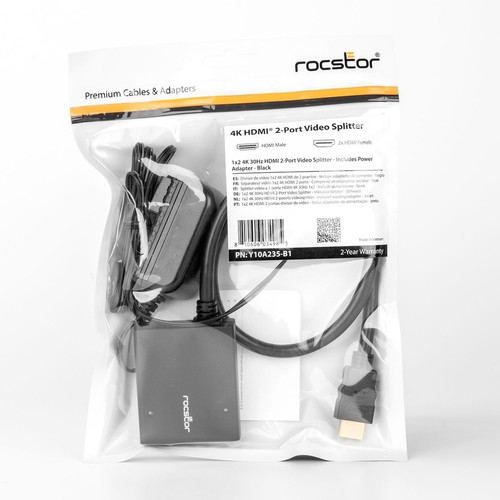Rocstor 2-Port HDMI Splitter with USB Power-4K - 30 Hz to 30 Hz - 3840 × 2160 - 340 MHzMaximum Video Bandwidth - 1 x HDMI In - 2 x Out (Y10A235-B1)