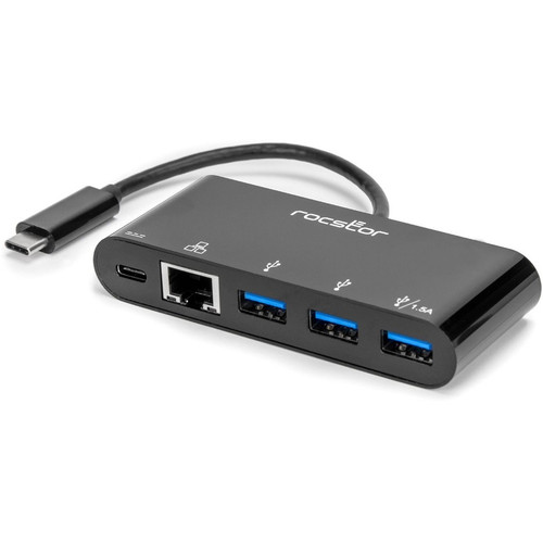 Rocstor USB-C to 3-Port USB-A, USB-C & RJ45 Multiport Adapter - USB 3.0 Hub - for Desktop PC, Notebook - 60 W - USB Type C - 3 x USB - (Y10A262-B1)