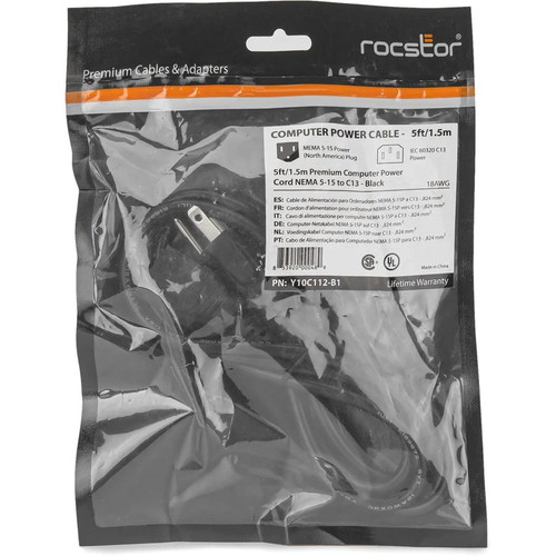 Rocstor 5ft Computer Power Cord NEMA5-15P to C13 - For PC, Printer, Projector, Television, Server, PDU - Black - 5 ft (1.52 m) Cord - (Y10C112-B1)
