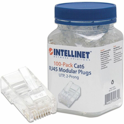 Intellinet RJ45 Modular Plugs, Cat6, UTP, 2-prong, for stranded wire, 15 &micro; gold plated contacts, 100 pack - 100 - 1 x RJ-45 Male (Fleet Network)