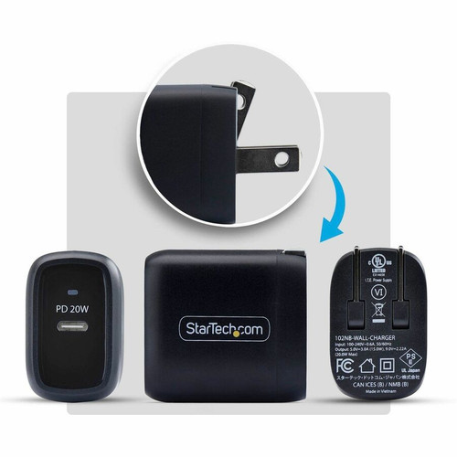 StarTech 20W USB-C Wall Charger, Portable Charger with USB Power Delivery Fast Charging, 5V/9V PD, USB-C Charger, Black - Deliver up / (102NB-WALL-CHARGER)