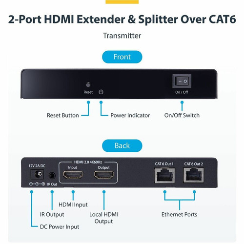 StarTech.com 2-Port HDMI Extender and Splitter Over CAT6, 4K 60Hz, Up to 230ft (70m), 1x2 HDMI over Ethernet Distribution Kit, 1 In 2 (4K7012IC-EXTEND-HDMI)