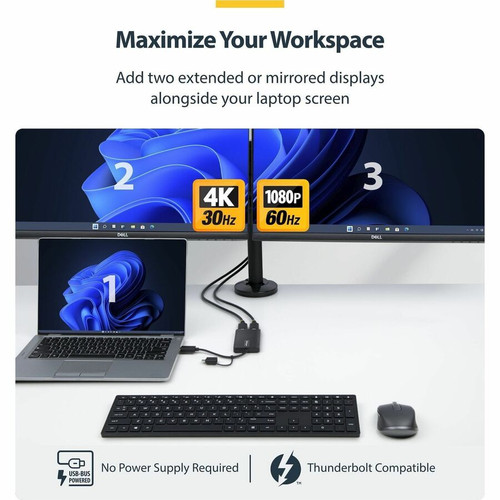 StarTech USB to Dual HDMI Adapter, USB-A or USB-C to 2x HDMI Converter (1x 4K30, 1x 1080p), 4.3in/11cm Cable, Win/Mac, Black - USB to (107B-USB-HDMI-2)