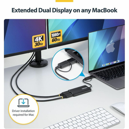 StarTech USB to Dual HDMI Adapter, USB-A or USB-C to 2x HDMI Converter (1x 4K30, 1x 1080p), 4.3in/11cm Cable, Win/Mac, Black - USB to (107B-USB-HDMI-2)
