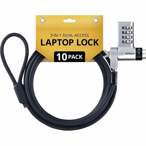 StarTech 10-Pack 3-in-1 Dual-Access Laptop Lock, 6.6ft (2m) Keyed Alike/Combination for Noble Wedge&reg;/Nano/K-Slot; Anti-Theft, TAA (Fleet Network)
