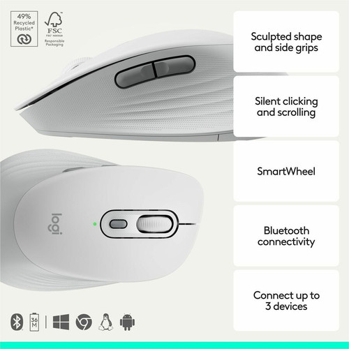 Logitech Signature Comfort M840 L Mouse - PC, Mac - Optical - Wireless - Bluetooth/Radio Frequency - 2.40 GHz - Off White - USB - 4000 (910-007713)