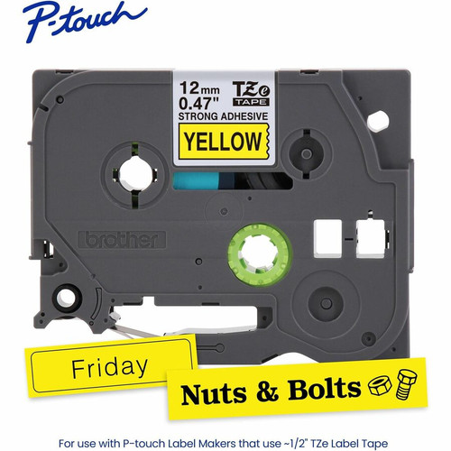 P-touch Genuine TZeS631 BK on YL Label Tape, Strong Adhesive Lam., 12mmX8m - 15/32" (12 mm) Width - Yellow - Laminated - Water - 1 (TZES631G)