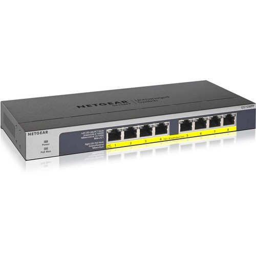 Netgear 8-port Gigabit Ethernet PoE+ Unmanaged Switch (GS108PP) - 8 Ports - 2 Layer Supported - Twisted Pair - Desktop, Wall - Limited (Fleet Network)