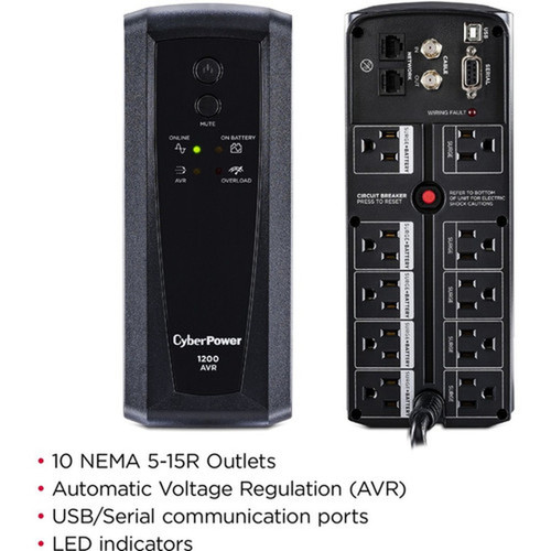 CyberPower AVR CP1200AVR 1200VA UPS - 1200VA720W - 12 Minute Half Load - 4 x NEMA 5-15R - BatterySurge-protected 4 x NEMA 5-15R - CP1200AVR