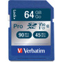 Verbatim 64GB Pro 600X SDXC Memory Card, UHS-I V30 U3 Class 10 - 90 MB/s Read - 45 MB/s Write - 600x Memory Speed - Lifetime Warranty (Fleet Network)