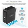 StarTechcom 140W USB-C Wall Charger USB-IF Certified PD 31 Portable GaN Charging Power Adapter 6ft18m USB-C to USB-C Cable - - 1014GCN-WALL-CHARGER