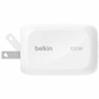 Belkin WCH016dqWH BoostCharge Pro 3-Port GaN Wall Charger - 100W - 2xUSB-C - 1xUSB-A - Foldable Prongs - White