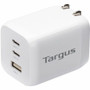Targus APA11606TT 65W Multi-Port GaN Wall Charger - 3-Port - 2x USB-C - 1x USB-A - 120-230V AC Input - Foldable Prongs - White