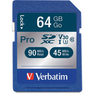 Verbatim 64GB Pro 600X SDXC Memory Card UHS-I V30 U3 Class 10 - 90 MBs Read - 45 MBs Write - 600x Memory Speed - Lifetime Warranty 98670