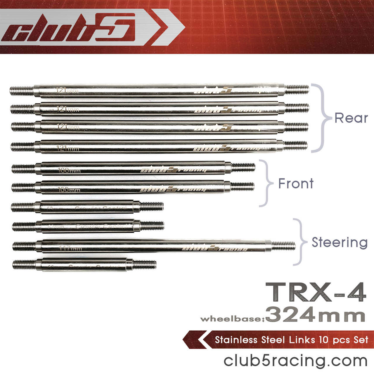Complete Stainless Steel Links 10 pcs Set ( 324mm, Suspension, Steering, Draglink ) for TRX-4