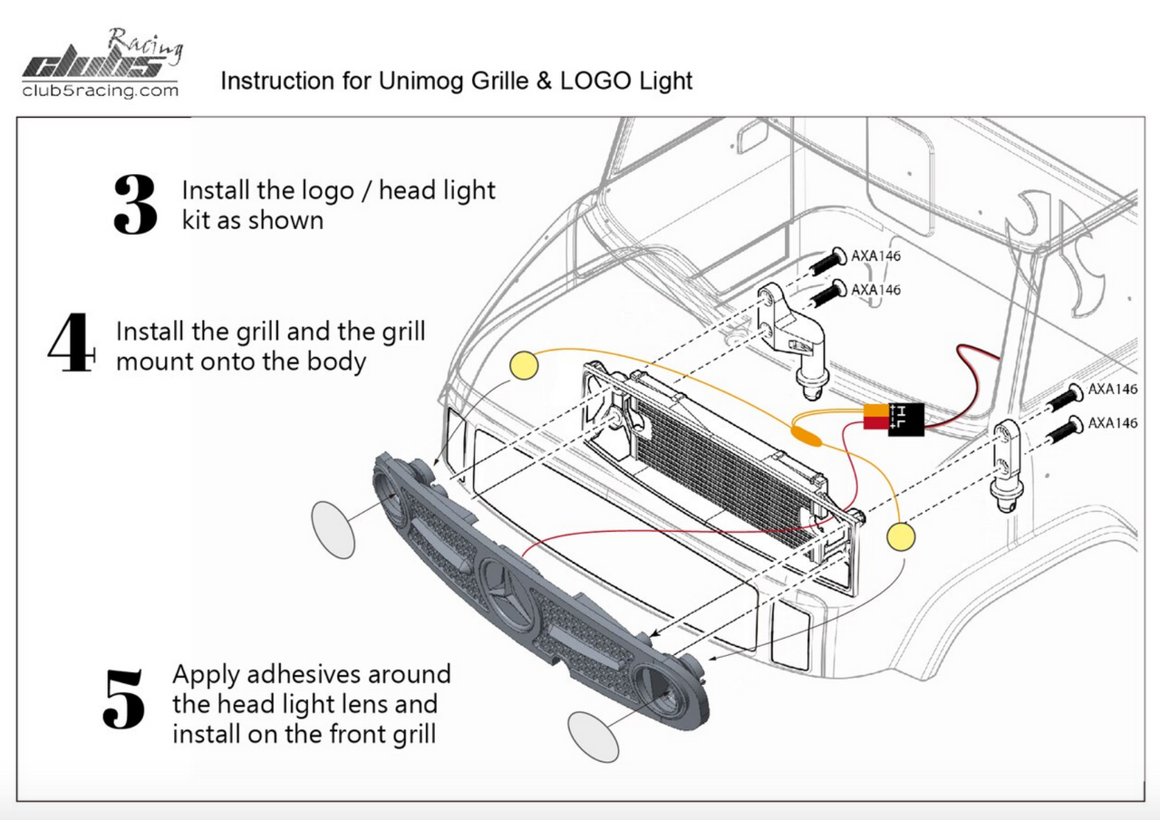 Front Grille w/ MB Logo + Head Light for Axial UMG10 AX90075