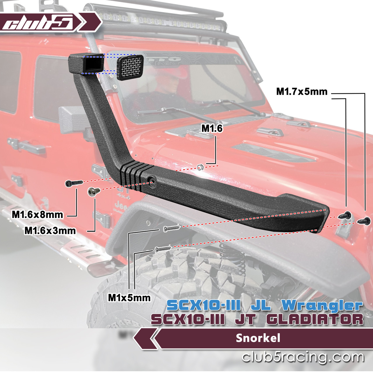 Side Air Intake Snorkel for SCX10 III Jeep JL Wrangler / JT Gladiator