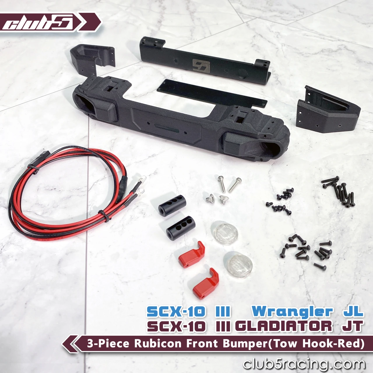 3-Piece Rubicon Front Bumper for SCX10 III Jeep JL Wrangler / JT Gladiator ( Red Tow Hook )