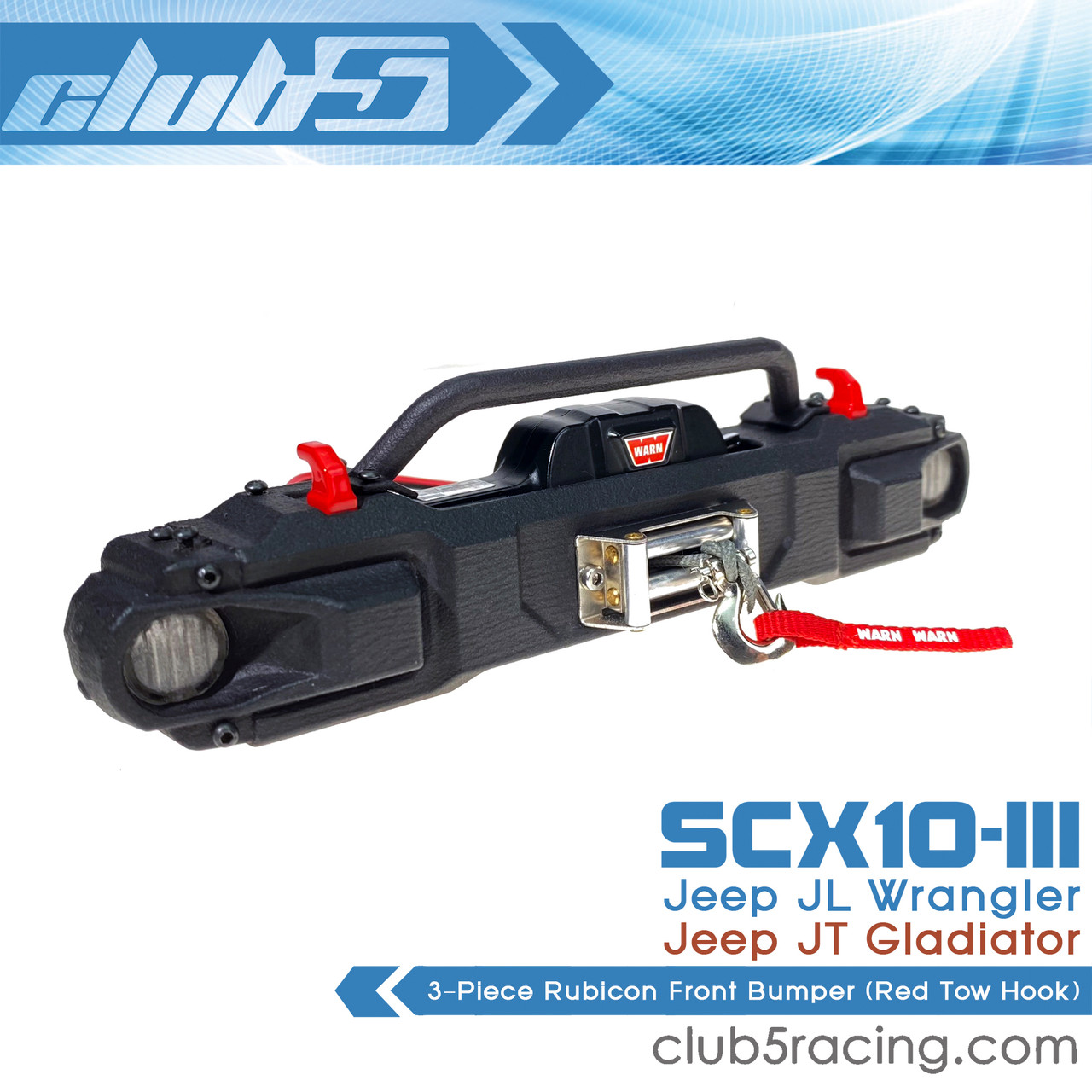 3-Piece Rubicon Front Bumper for SCX10 III Jeep JL Wrangler / JT Gladiator ( Red Tow Hook )