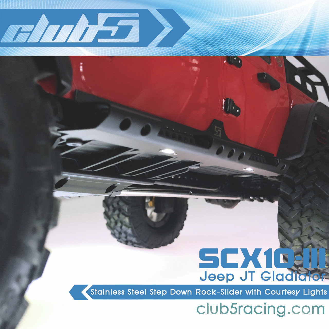 Anodized Aluminum Rock Slider with Courtesy Lights for SCX10 III JT Gladiator