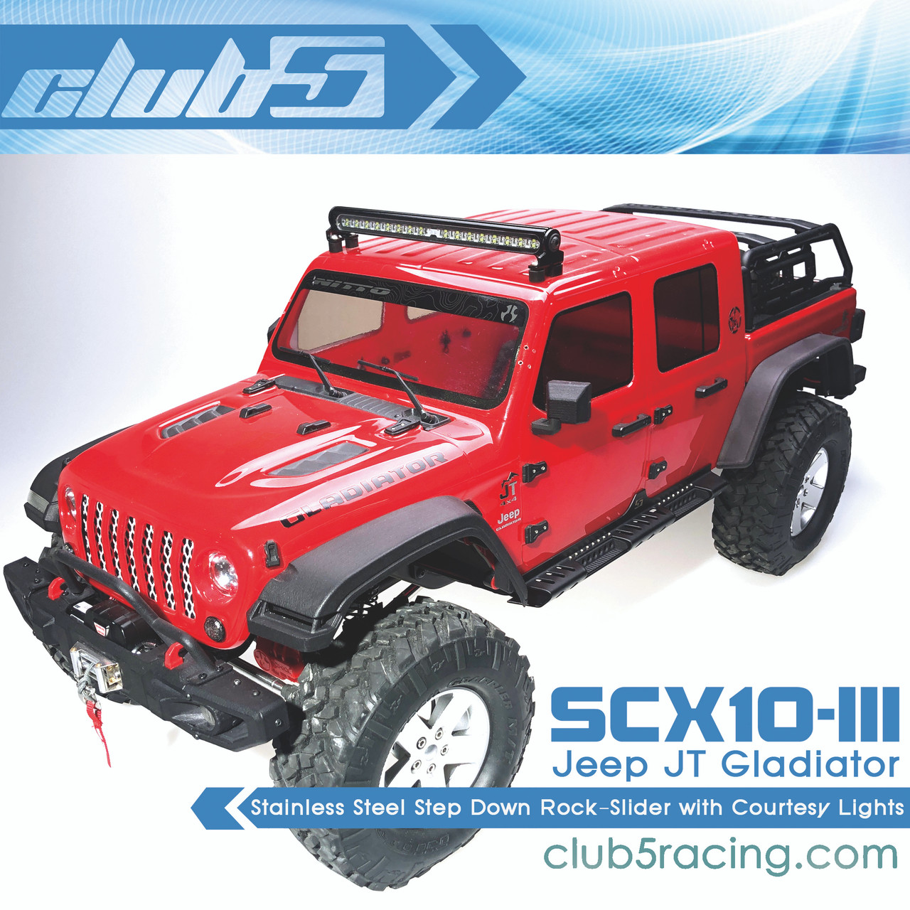 Anodized Aluminum Rock Slider with Courtesy Lights for SCX10 III JT Gladiator