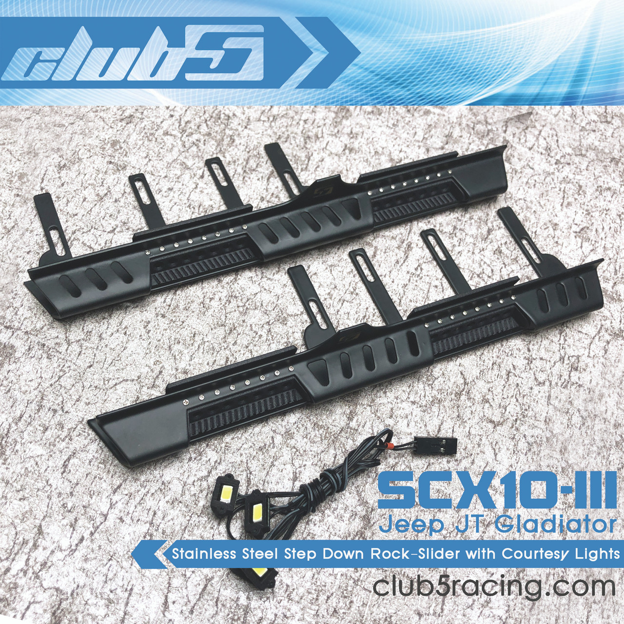 Anodized Aluminum Rock Slider with Courtesy Lights for SCX10 III JT Gladiator