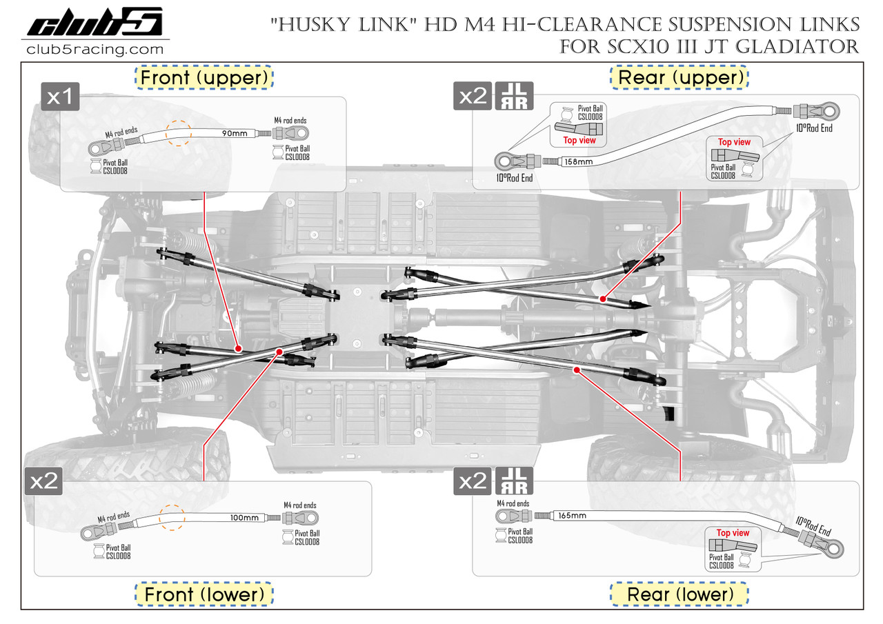 "Husky Link" HD M4 Hi-Clearance Suspension Links for SCX10 III JT Gladiator