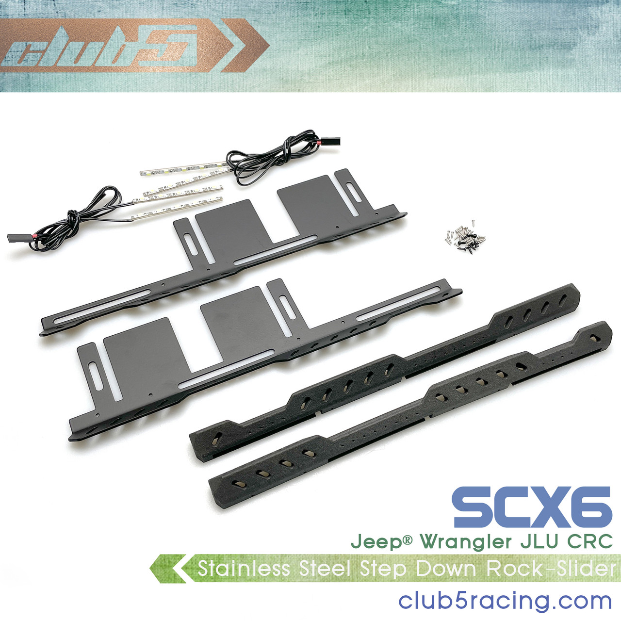  Black Anodized Aluminum Step Down Rock Slider w/ Courtesy Lights for SCX6 Jeep JLU Wrangler