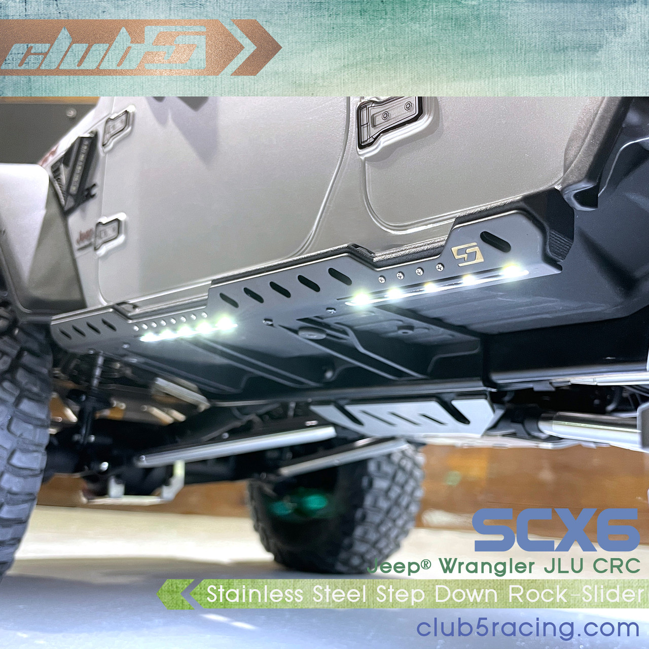  Black Anodized Aluminum Step Down Rock Slider w/ Courtesy Lights for SCX6 Jeep JLU Wrangler